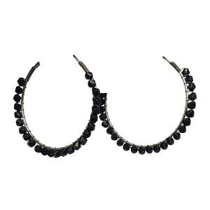 Black Beaded Hoop Earrings With Silver Accents 2 in